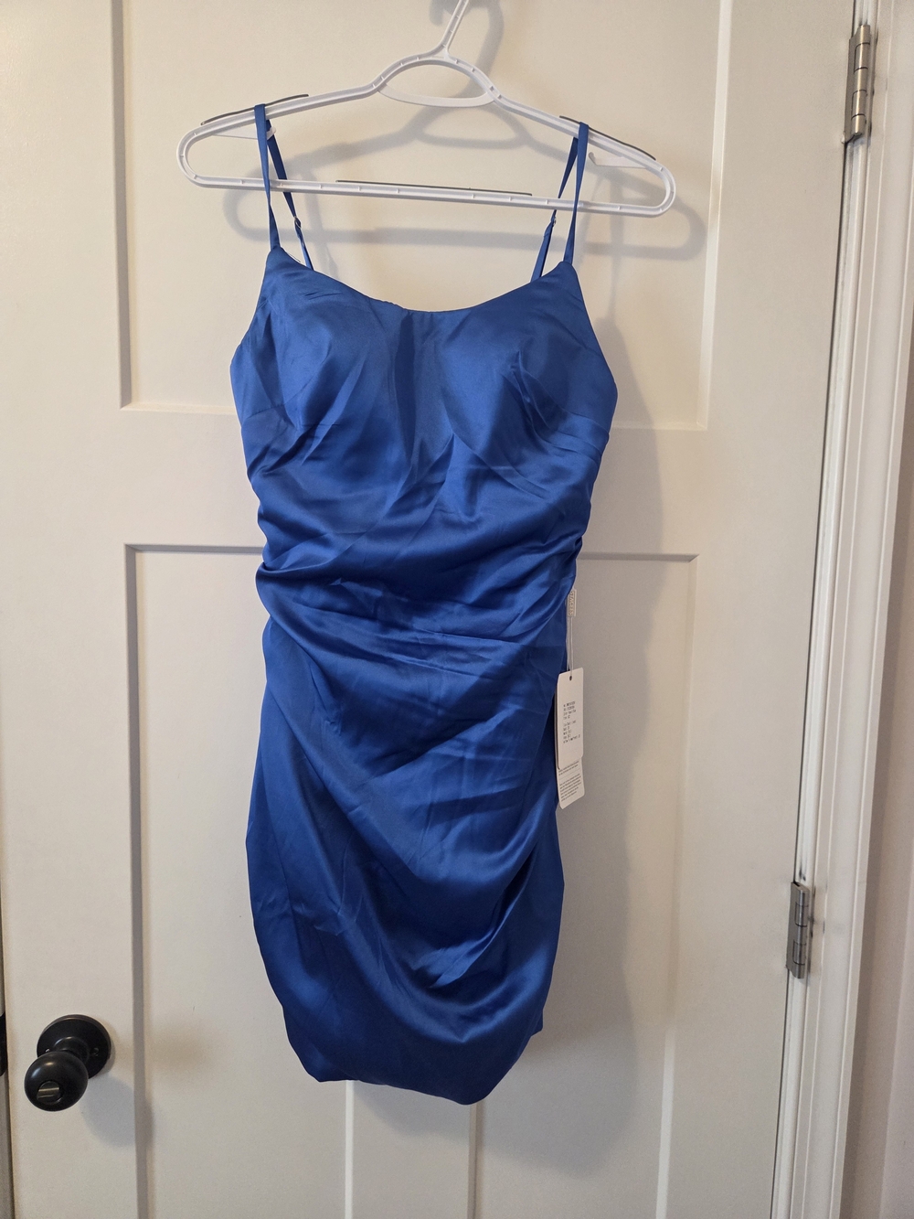 STACEES Blue Satin Ruched Spaghetti Strap Dress